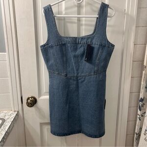 Lulu's “So Delighted”Medium Wash Denim Corset Seam Square Neck Mini Dress